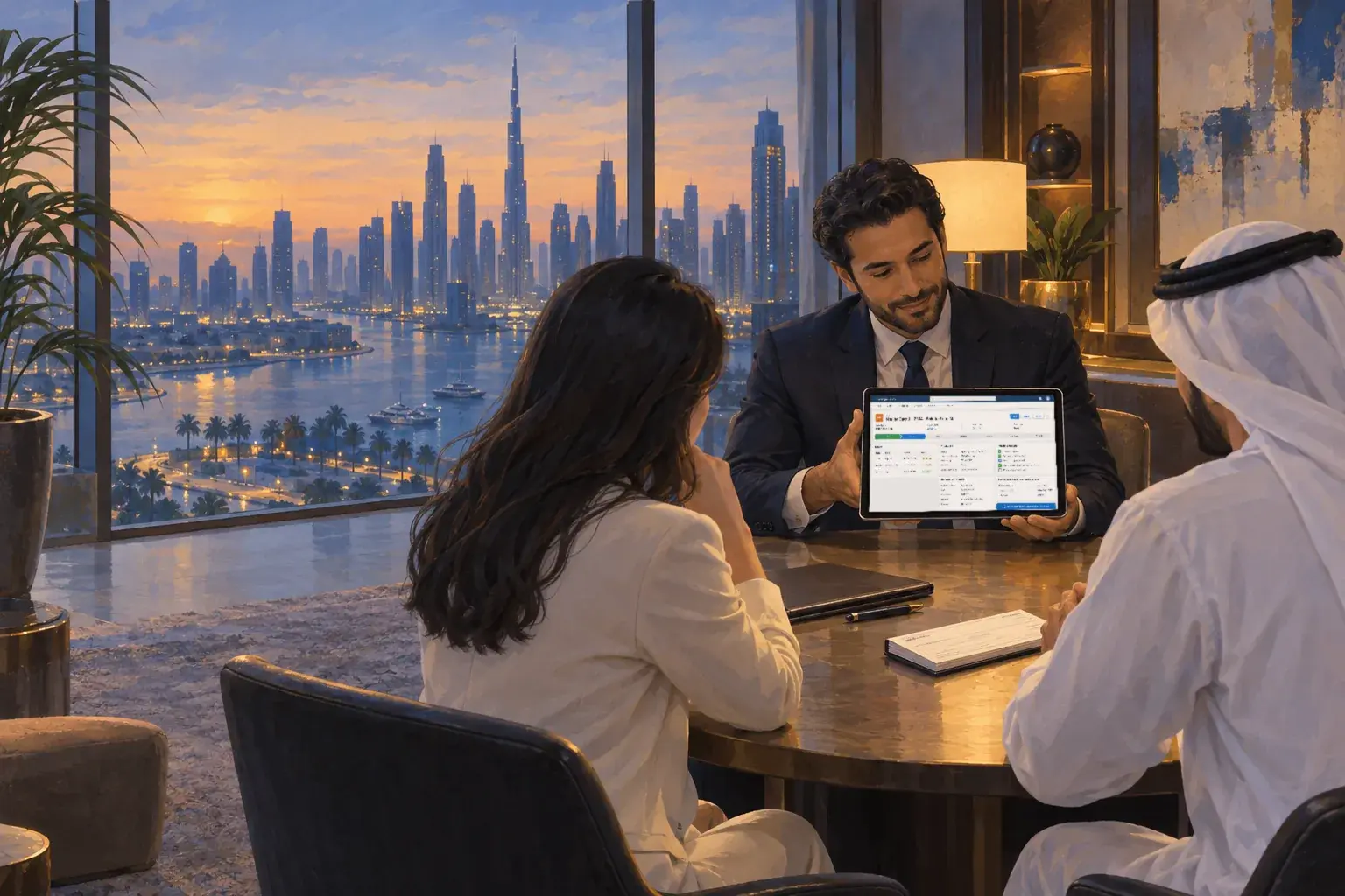 An agent shows a buyer and a seller a tablet across a table in a Dubai office at sunset, the skyline behind them.