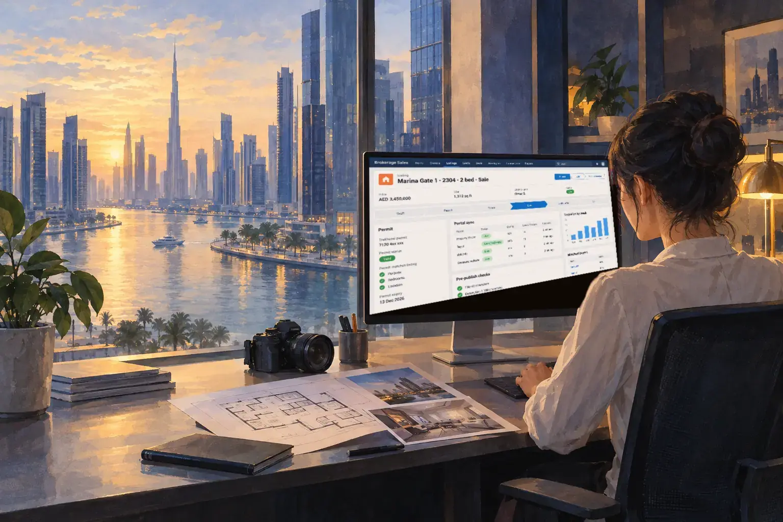 A listings coordinator at a large monitor in an office above the marina at sunset, a camera and floor plans on the desk.