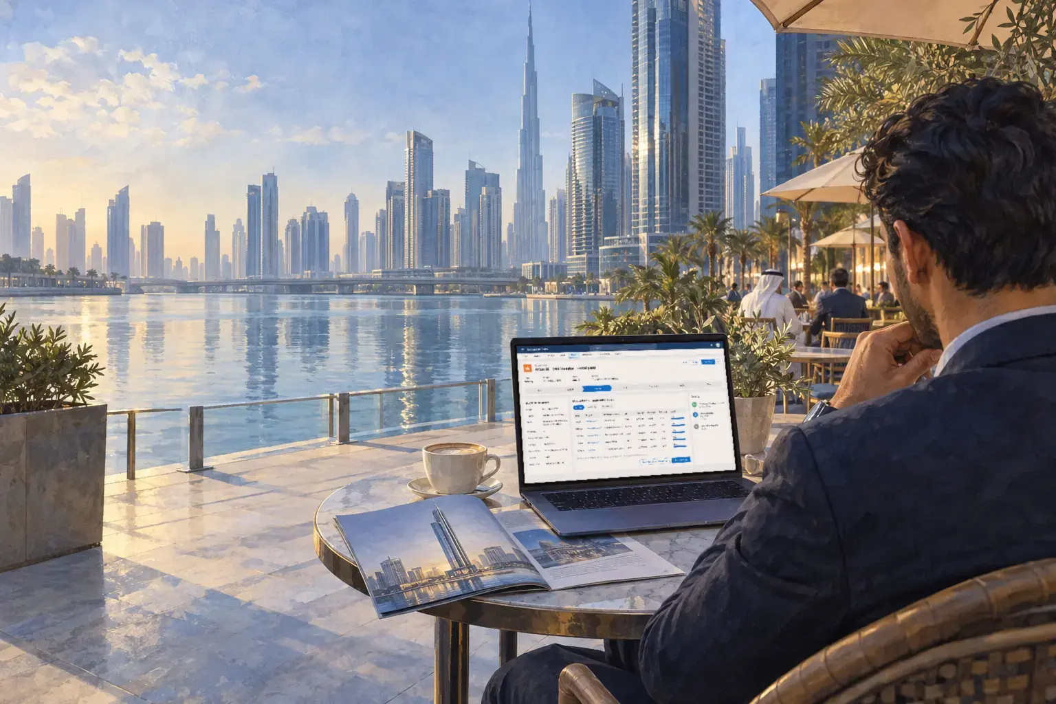 An agent on a terrace café over Dubai Marina with matched units on his laptop, a brochure beside it.
