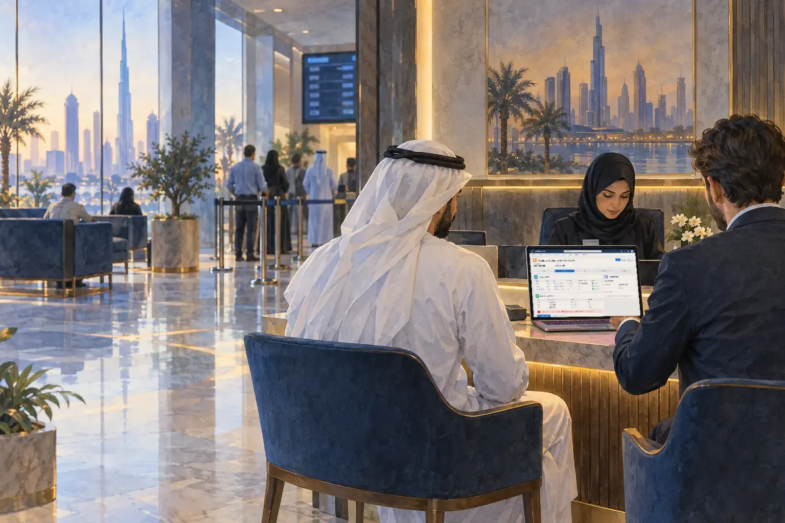 A buyer at a trustee office counter in Dubai, an agent beside him, a clerk at a laptop.