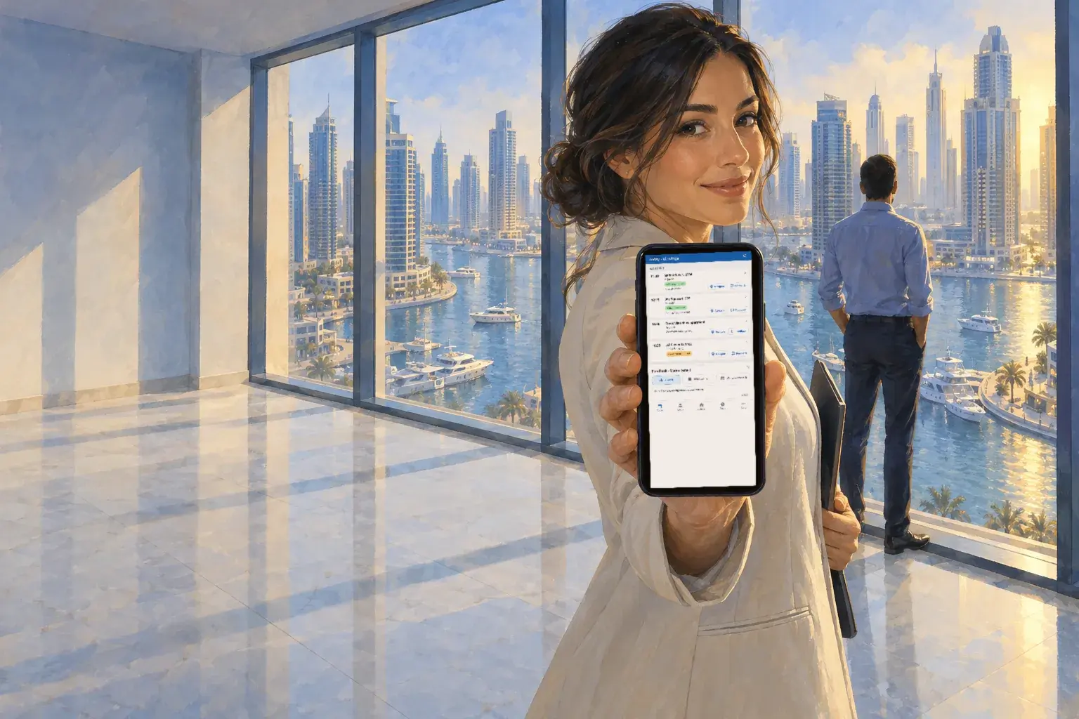 An agent smiles and holds up her phone in an empty apartment with a marina view, a buyer at the window.