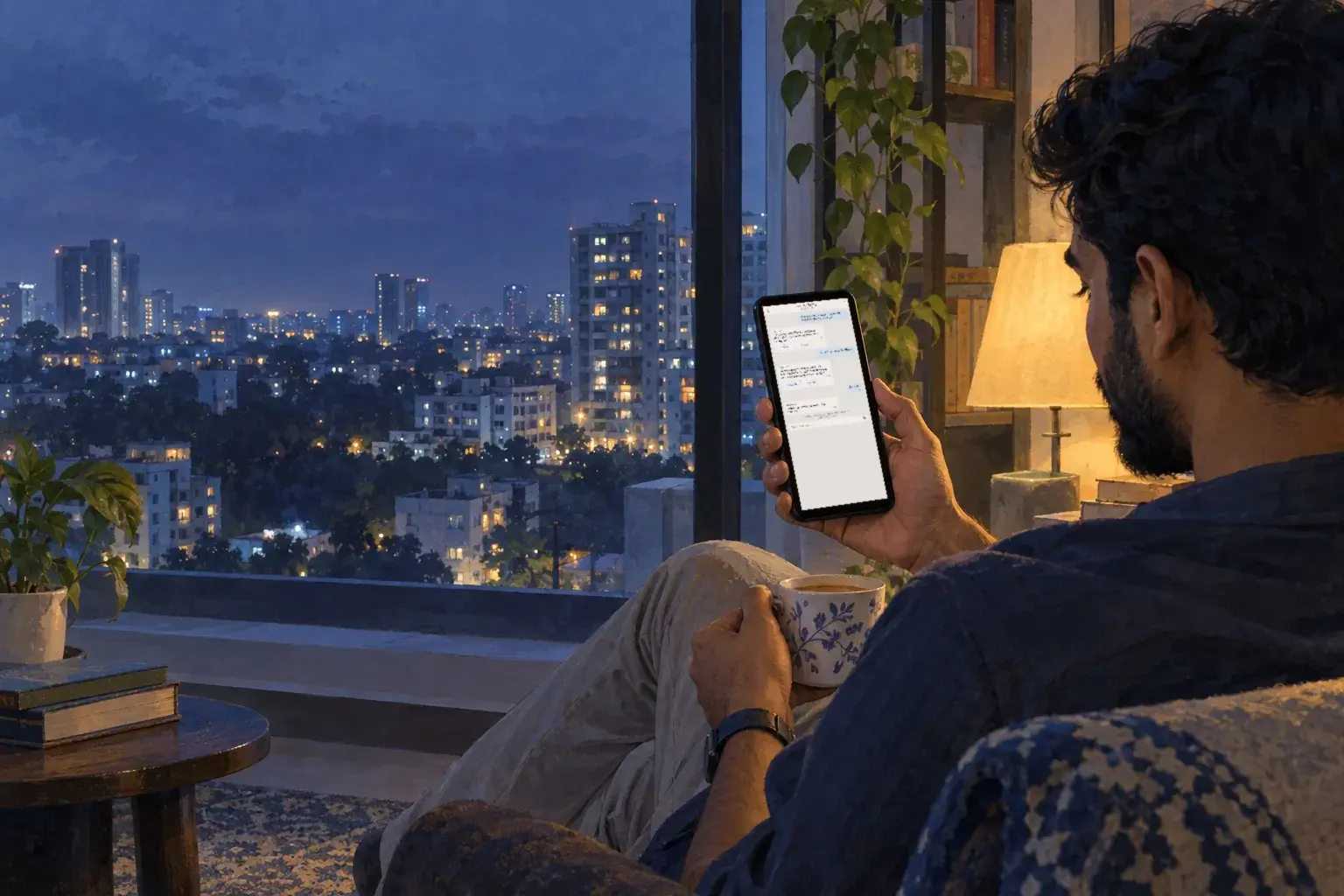 A buyer in a living room at night reading a reply on his phone, the city lights through the window.