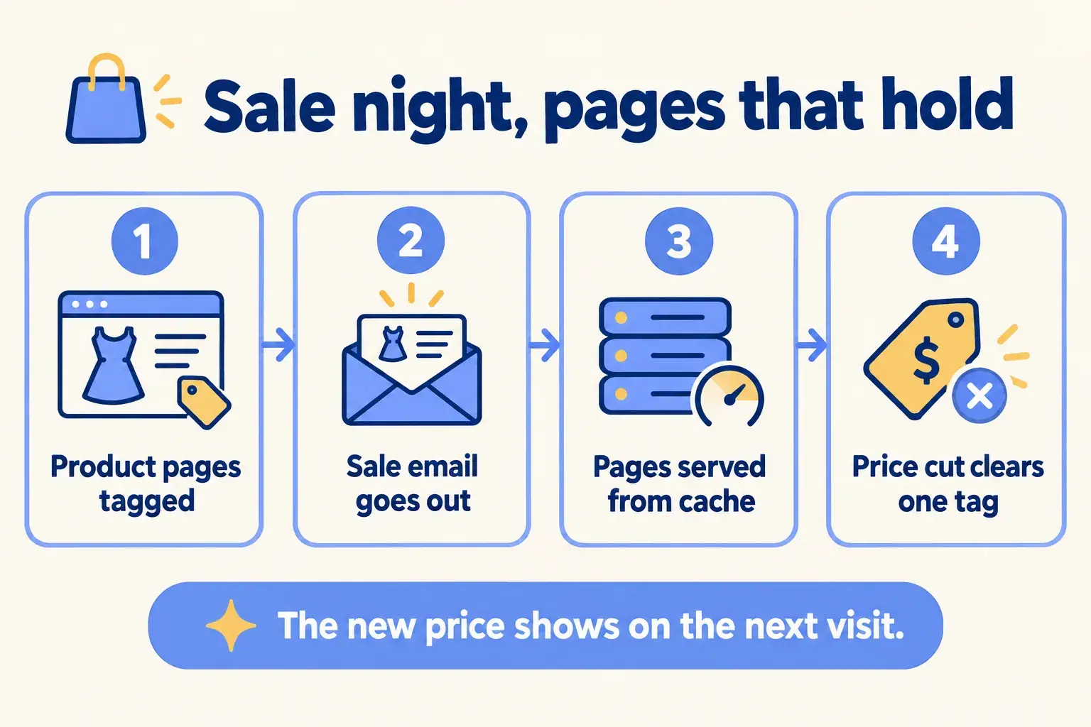 A sale night flow: pages tagged, sale email sent, pages served from cache, a price cut purges one tag.