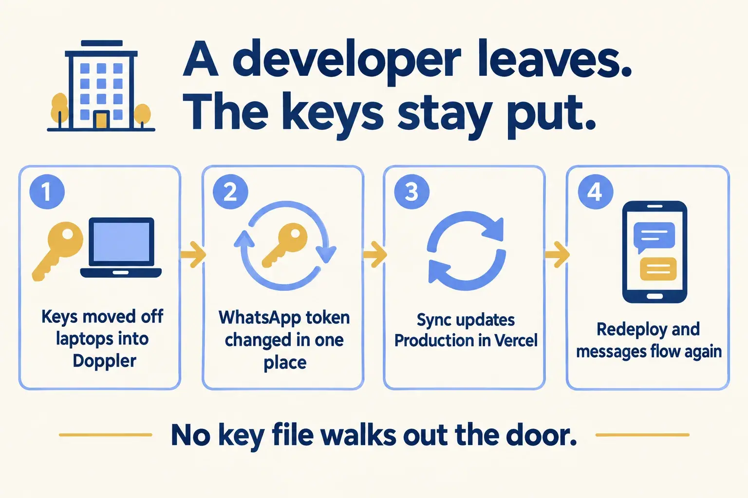A Dubai property manager moves keys into Doppler, changes the WhatsApp token once, and the sync updates Vercel.