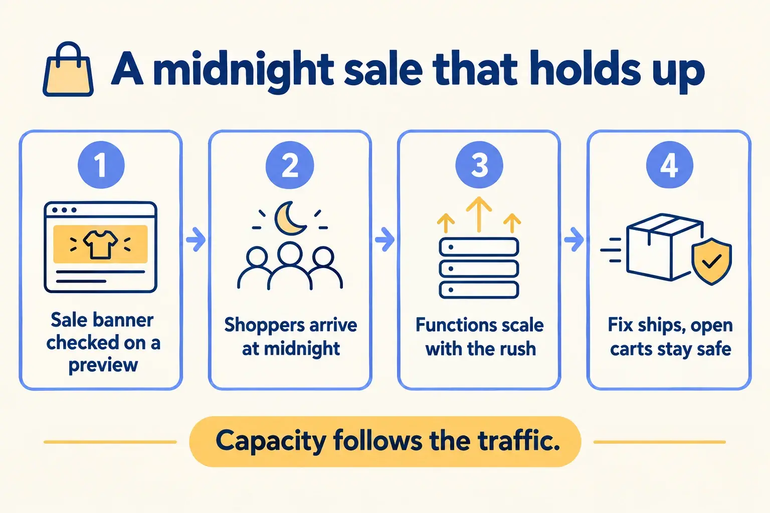 A midnight sale: cached product pages, cart Functions that scale with traffic, and a fix that does not break open carts.