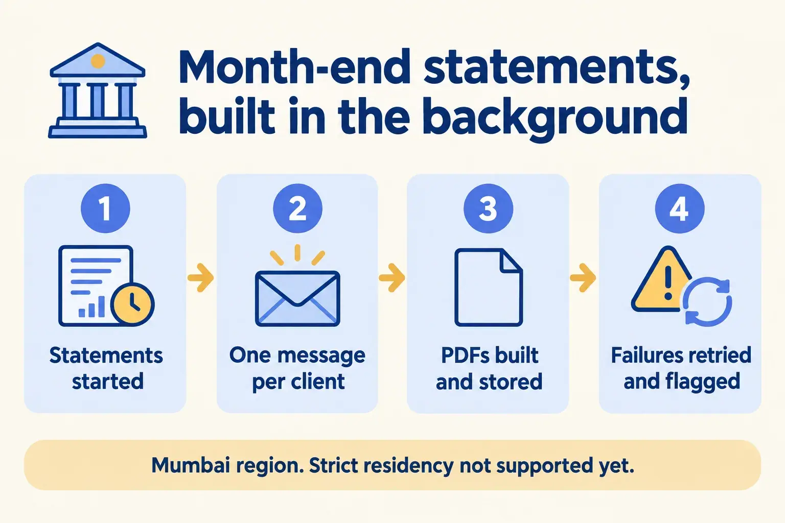 Month-end statements start, one queue message per client, PDFs are built and stored, failures are retried and flagged.