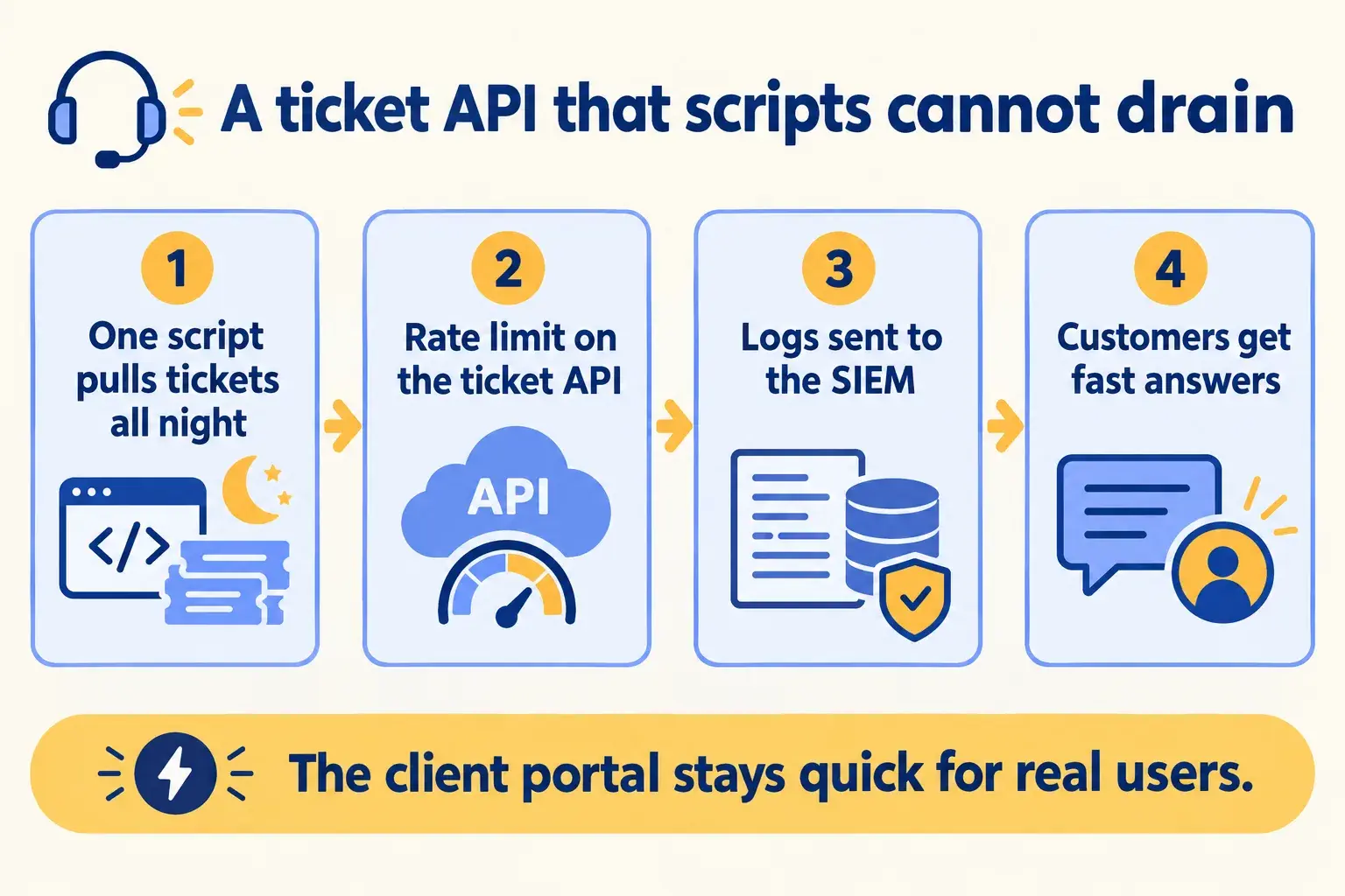 A script draining a ticket API is held back by a rate limit, with firewall logs sent to the SIEM.