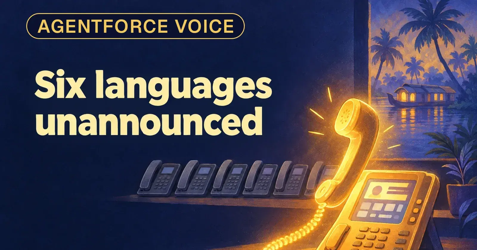 One gold-lit desk phone beside six dark phones, with the words Six languages unannounced