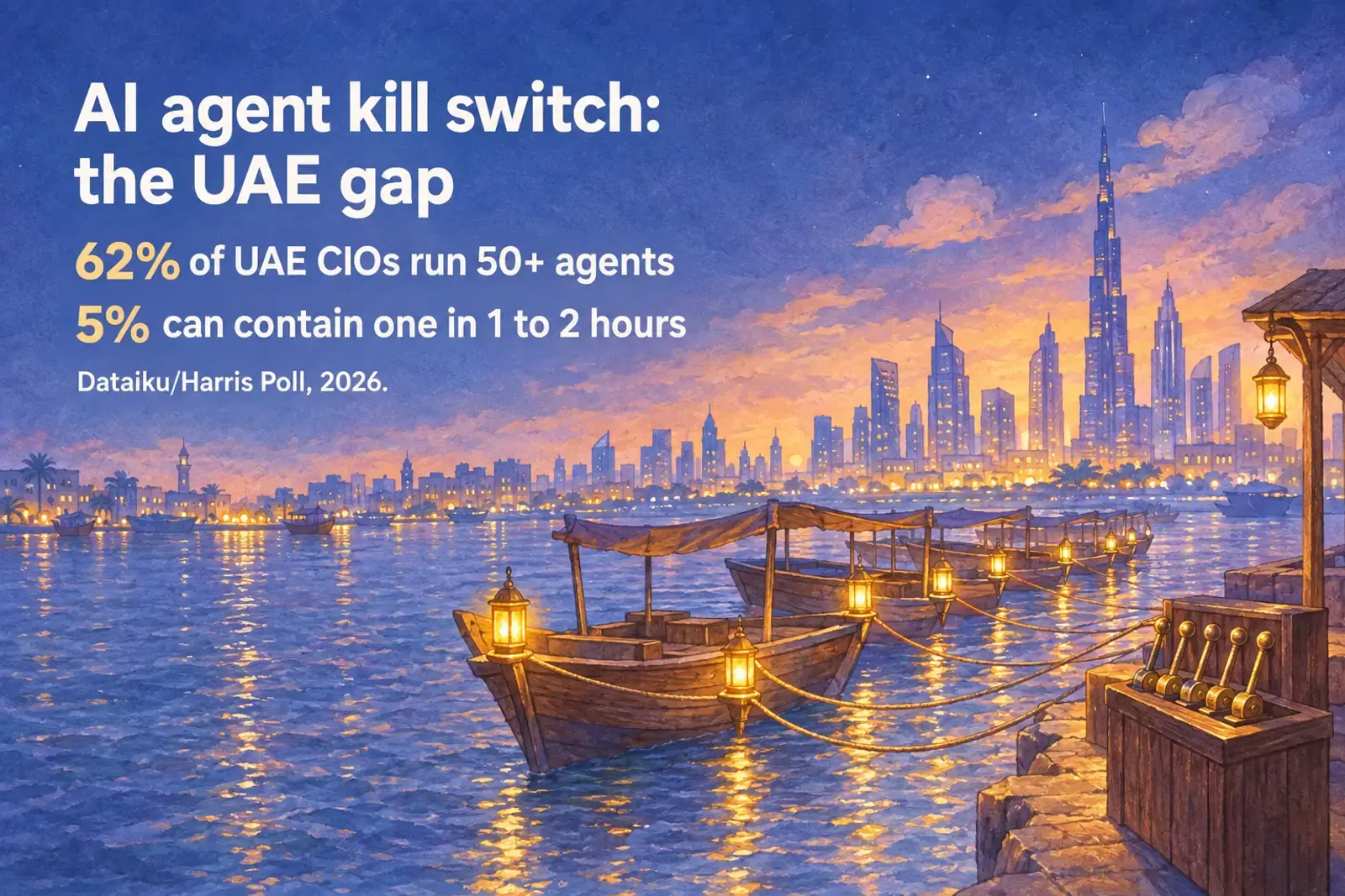 A Dubai creek at dusk with lamp-lit dhows tied by ropes to a quay post of brass levers, under the title and two UAE figures