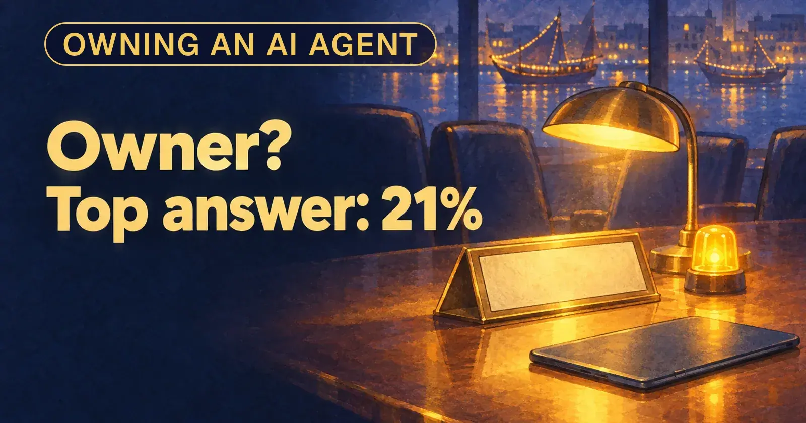 A blank brass name plate on a boardroom table at night beside a warning light, with the words Owner? Top answer: 21%