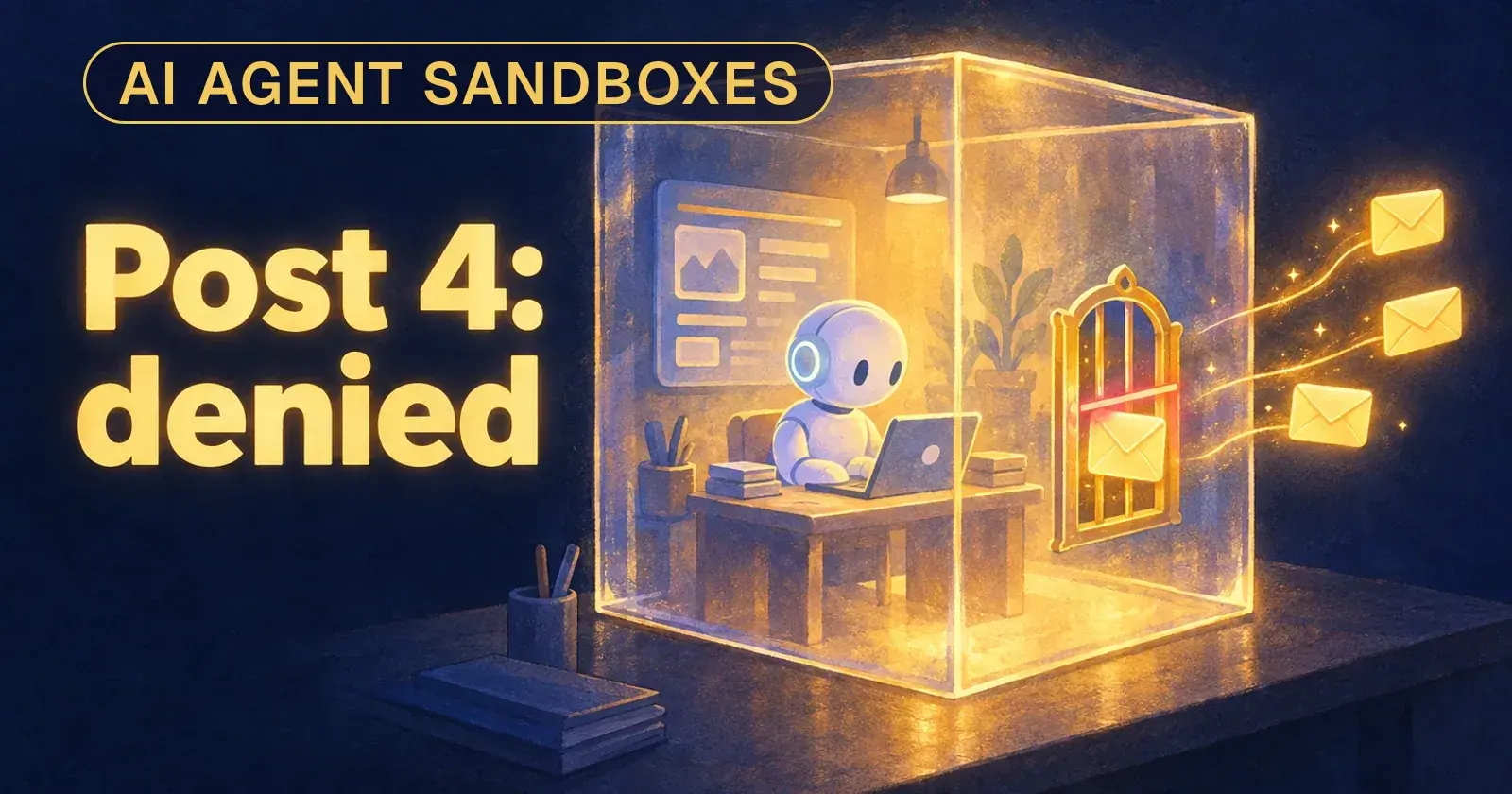 A robot agent in a glass box: three messages leave through a gate, a red bar holds the fourth. Post 4: denied