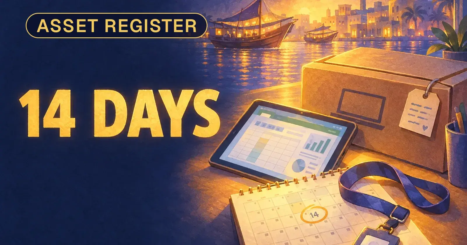 A laptop box with a handwritten tag, an open spreadsheet on a tablet and a 14-day calendar page beside a leaver's lanyard