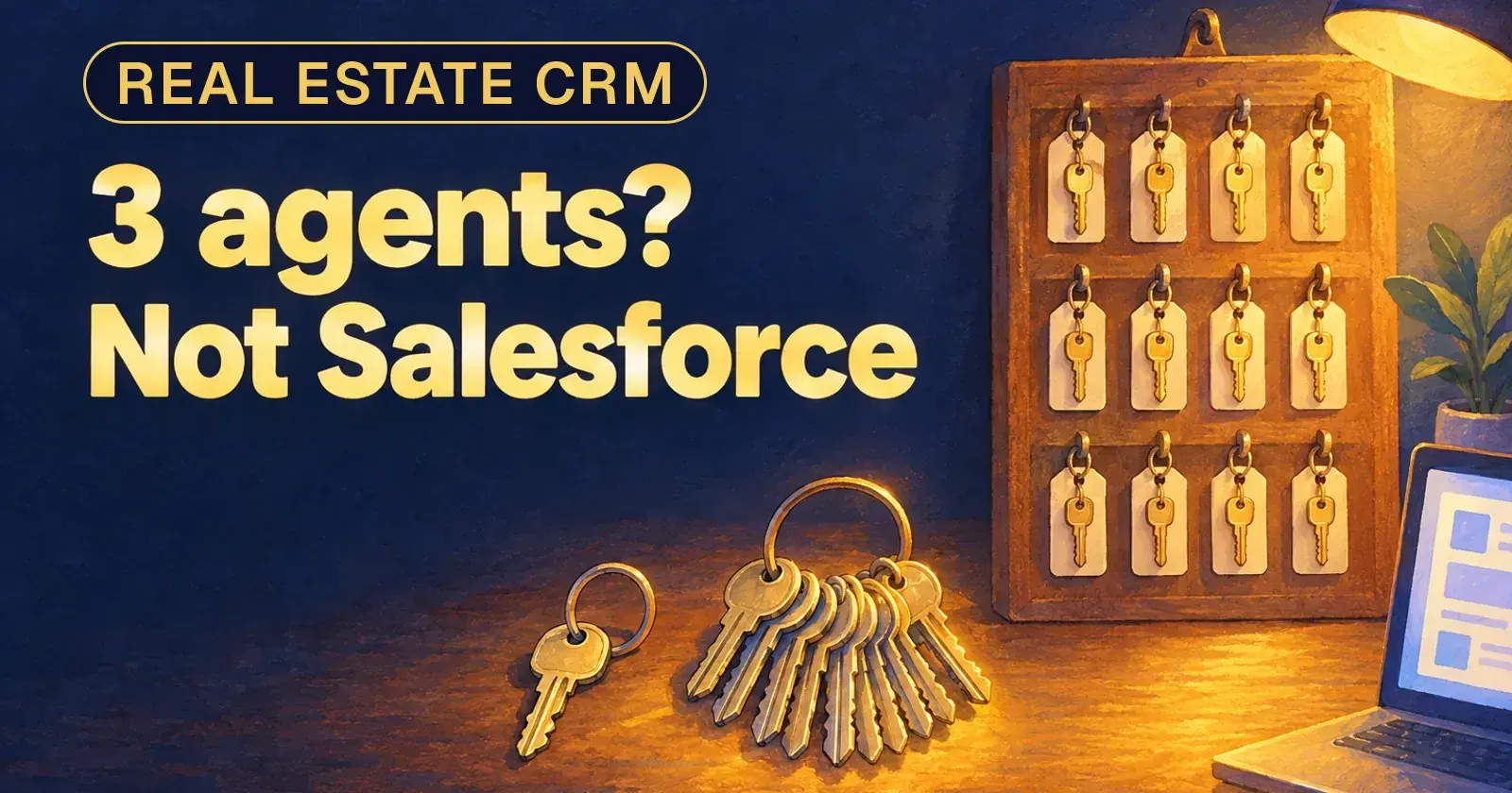 One house key, a ring of a dozen keys and a board of tower unit keys on a desk, with the words 3 agents? Not Salesforce