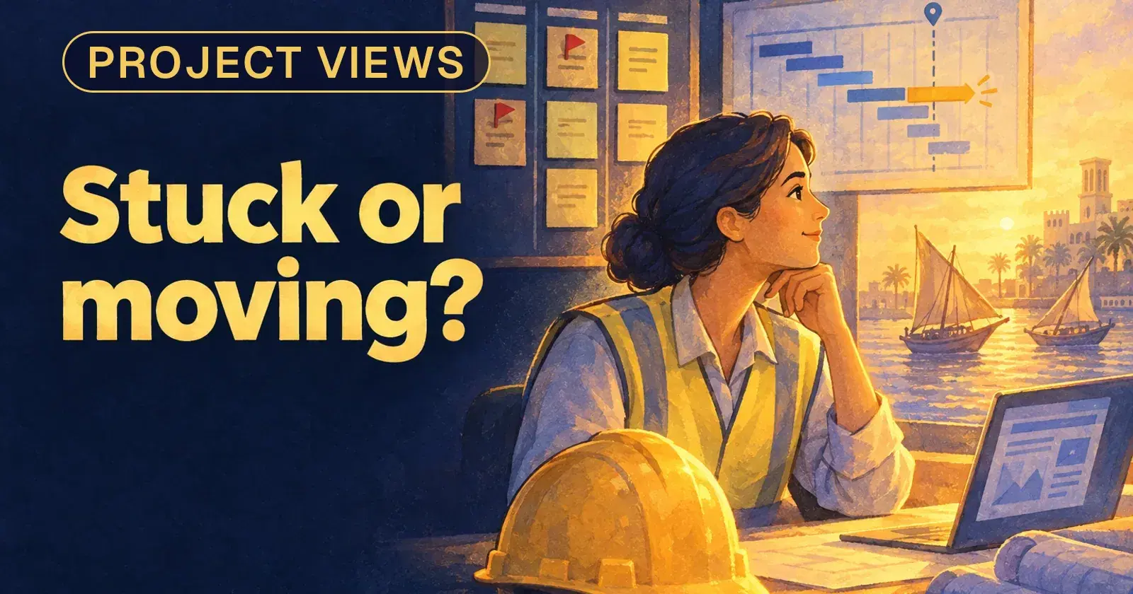A site manager at her desk beside a board of cards and a Gantt chart, with the words Stuck or moving?