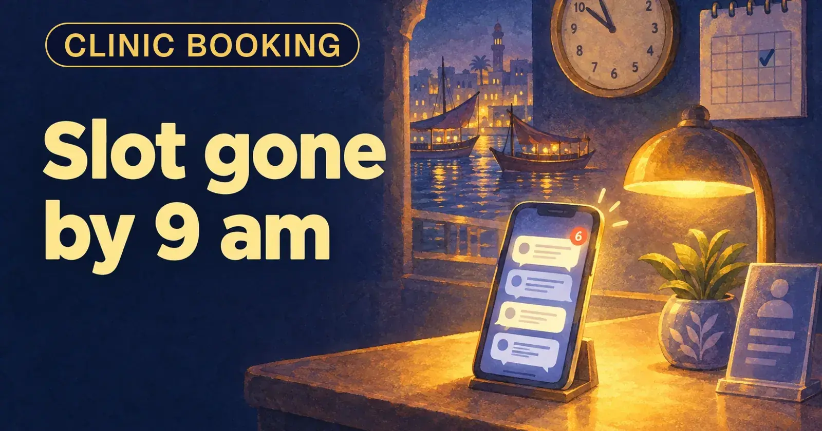 A clinic reception desk at night with a phone showing unread messages, and a wall calendar with one slot already taken
