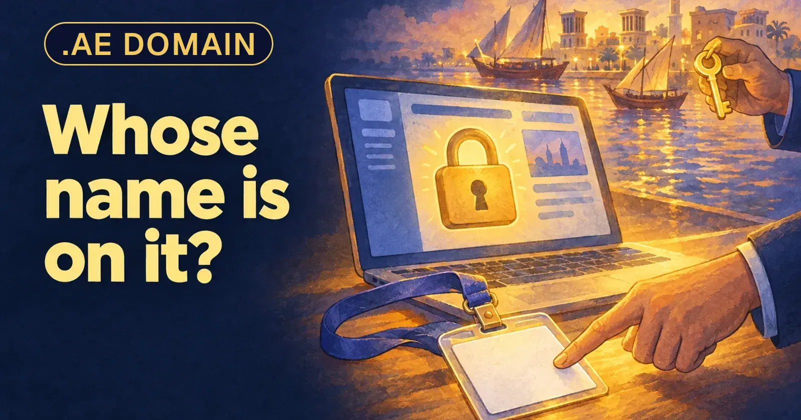A laptop with a gold padlock, a blank name tag on a lanyard and a hand pointing at it, with the words Whose name is on it