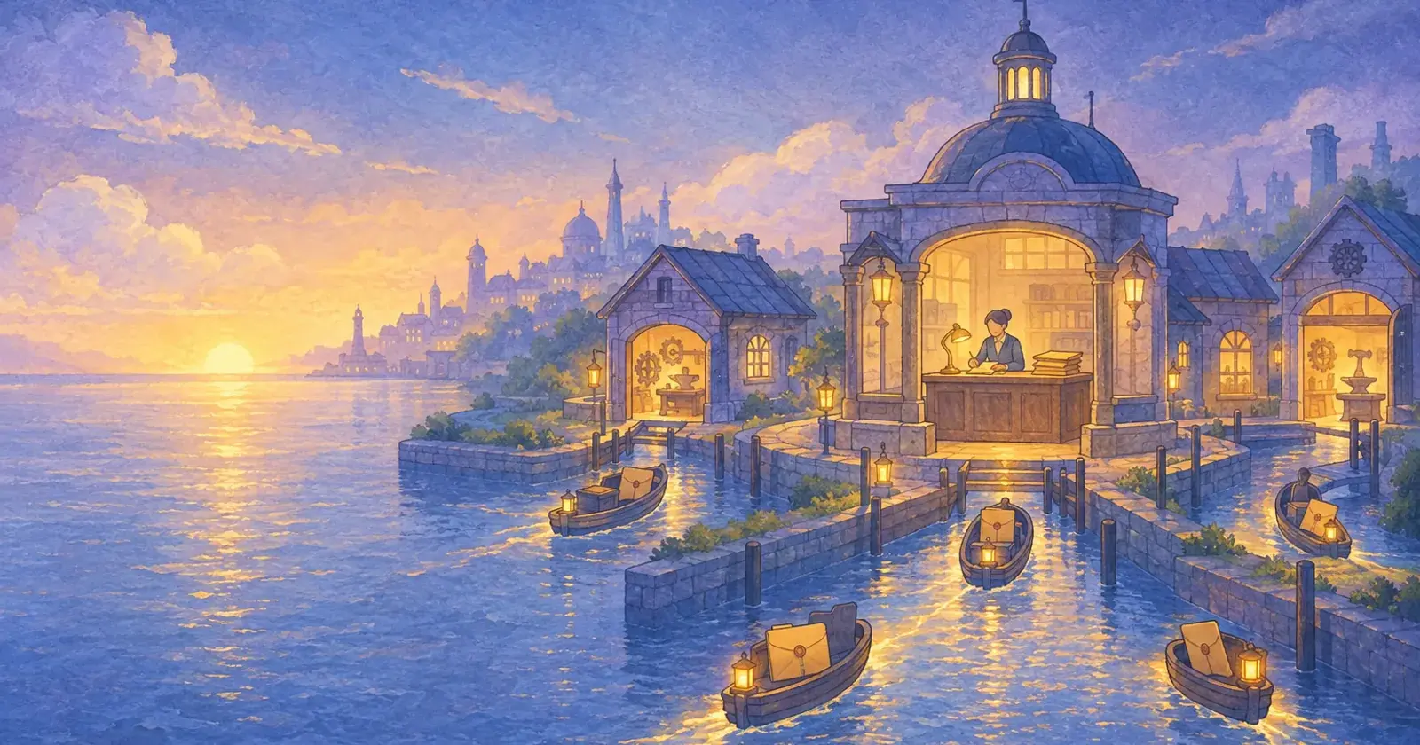 A harbour office at first light, a clerk at a lit desk, small boats carrying sealed folders arriving from separate canals