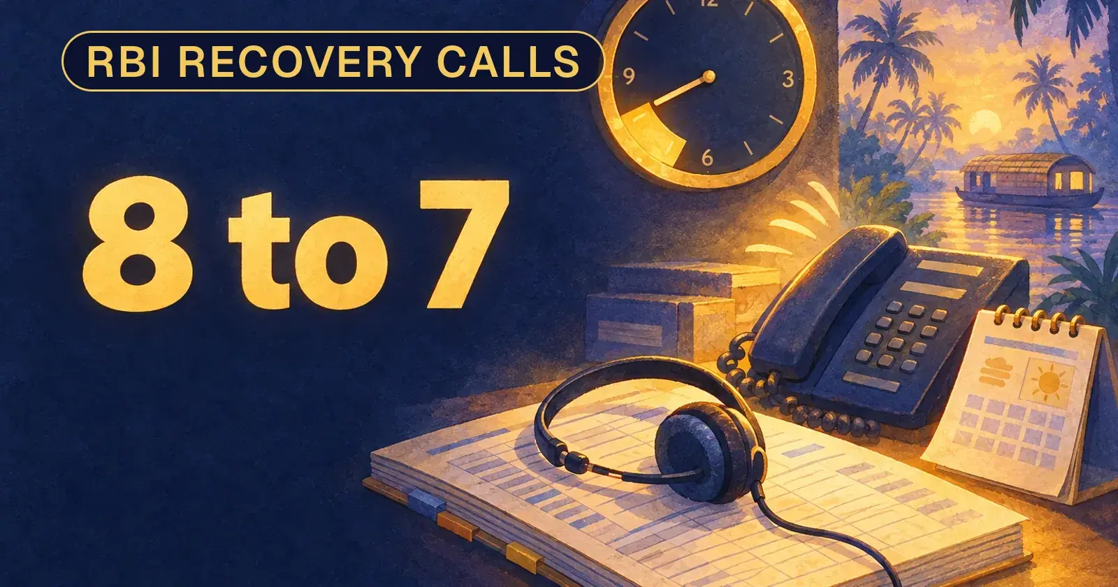 A wall clock with a gold arc from 8 to 7, a desk phone, a loan ledger and a headset. Card: 8 to 7