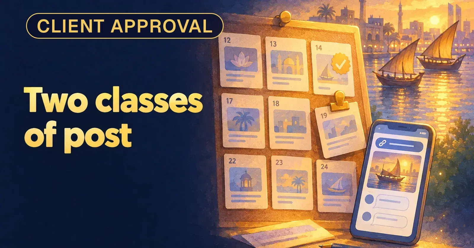 A calendar of post cards, one with an approval tick, one held under a clip, beside a phone showing a client preview link