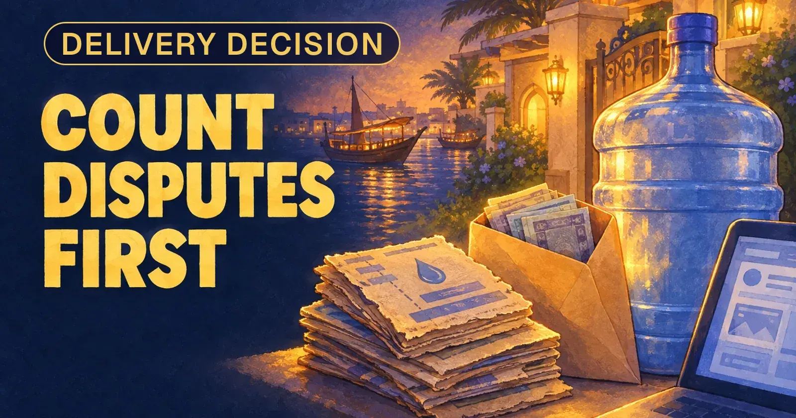 A villa gate at dusk with coupon books, a cash envelope and a 5-gallon bottle under the words count disputes first