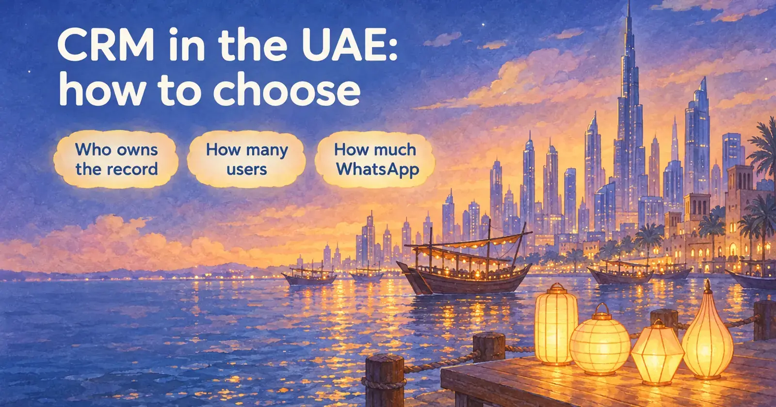 Share card: CRM in the UAE, how to choose, with three labels, over a Dubai creek at dusk with lanterns on a quay desk