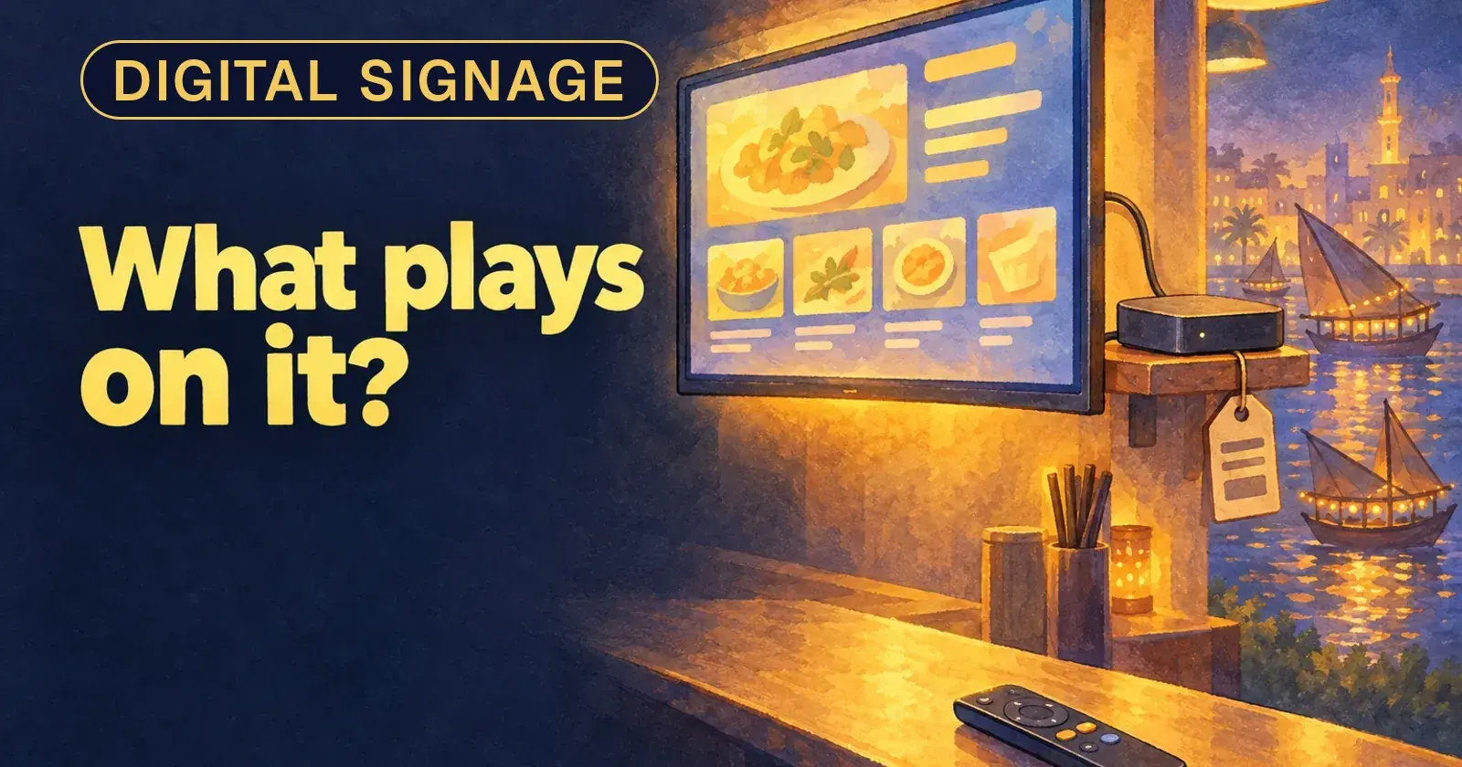 A restaurant menu screen on a wall with a small player box on a shelf beside it, a price tag hanging from the box