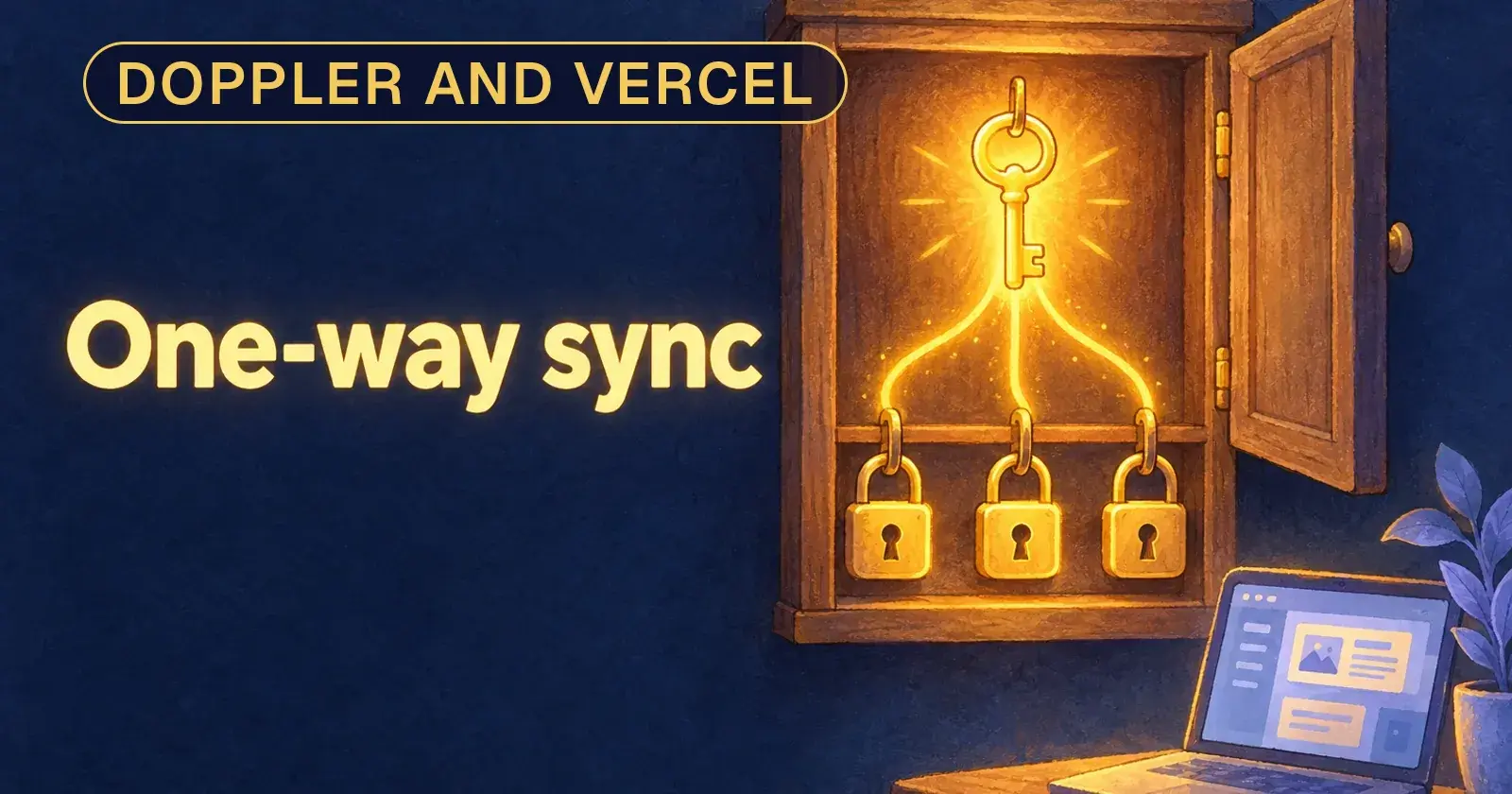 A glowing key in a wooden cabinet with gold lines running to three padlocks, and the words One-way sync