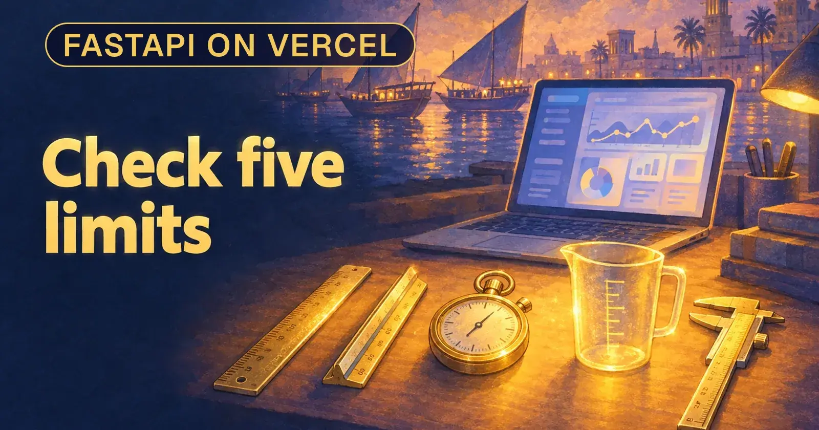A desk with a laptop showing a wordless dashboard and, beside it, five brass measuring tools laid out in a row