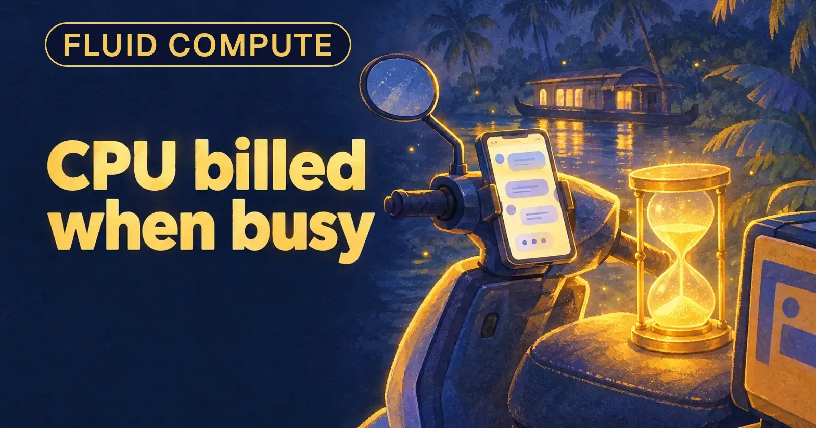 A delivery scooter at night with a phone showing a chat and a glowing hourglass, and the words CPU billed when busy