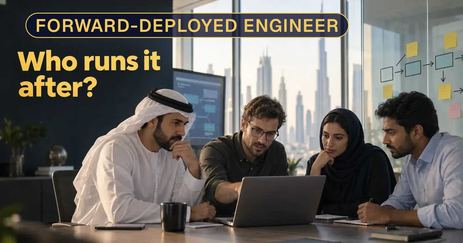 Illustrative photo: a visiting engineer at a laptop with a Dubai team, with the words Who runs it after?