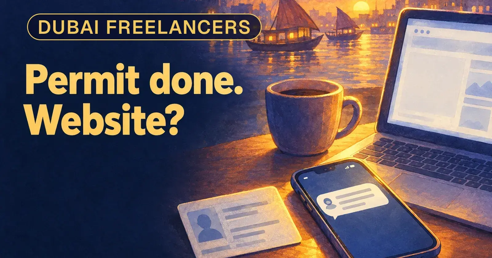 A Dubai freelancer holding a permit while a phone shows a message asking for her website