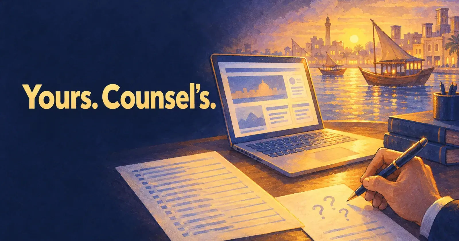 A website owner's desk with a list of scripts on one side and a lawyer's questions on the other