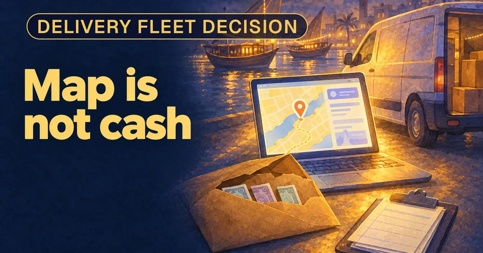 A laptop showing a map with one pin beside a torn cash envelope with three notes and a delivery van at night: map is not cash