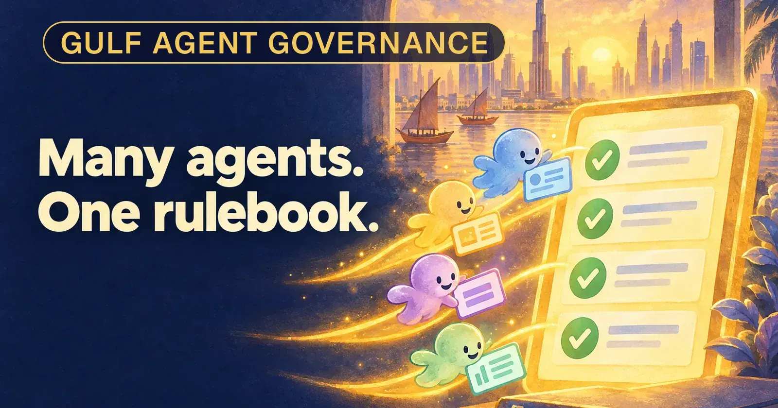 Four small agents in four colours slide cards onto one checklist with green ticks, a Dubai skyline at sunrise behind