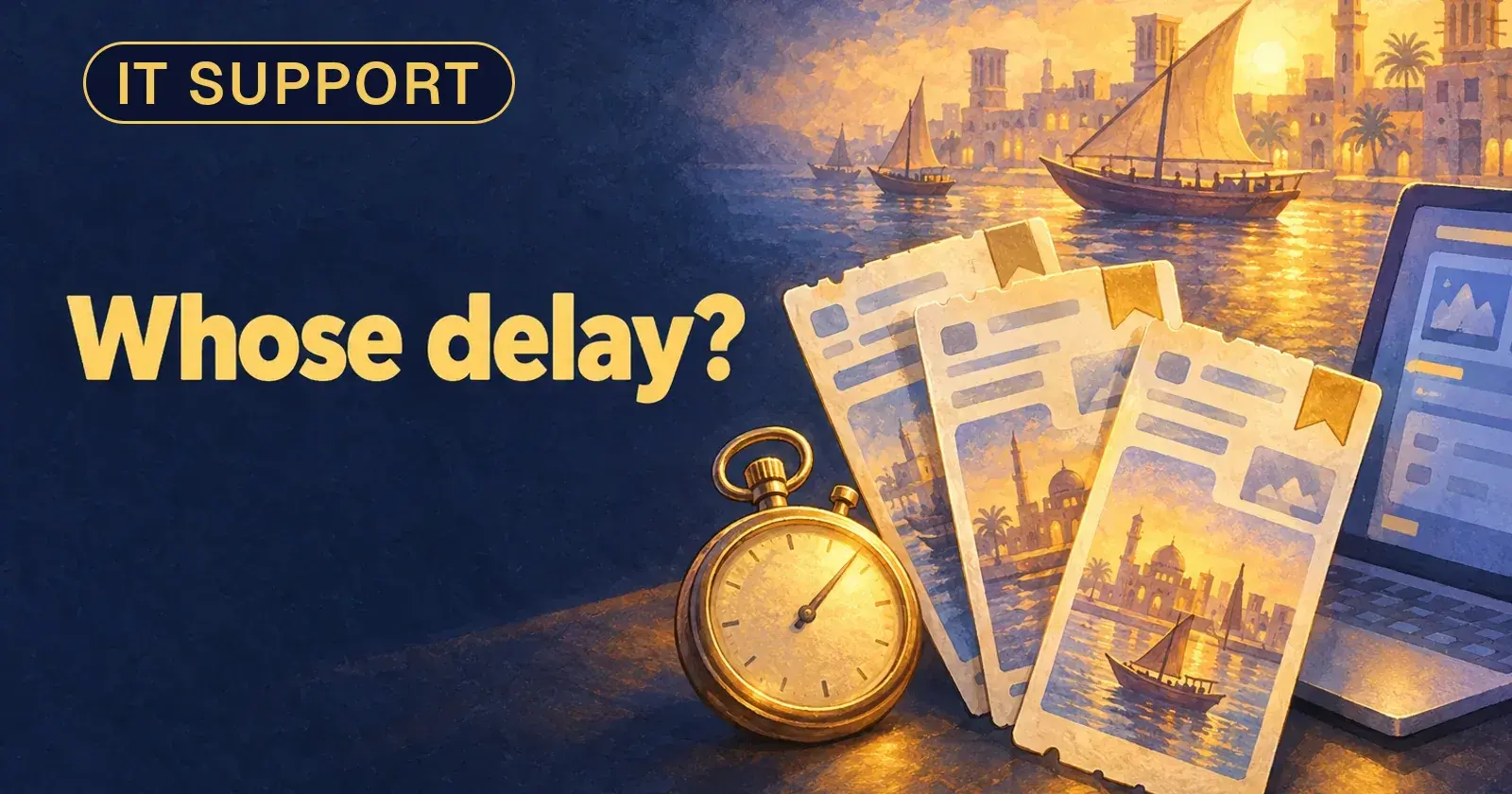 Three ticket sheets with gold flags beside a brass stopwatch on a dark desk, and the words Whose delay?