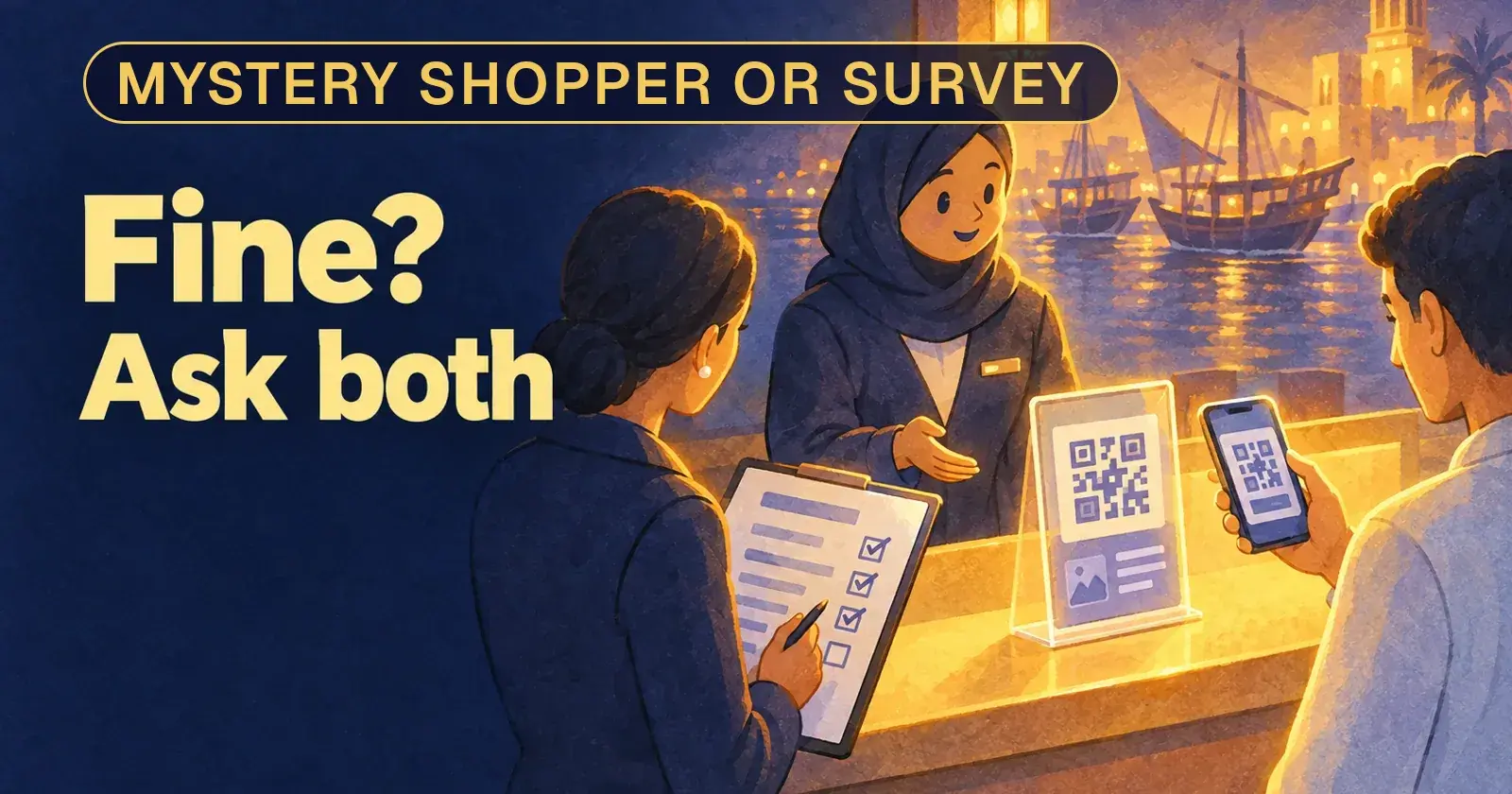 A service counter seen from two sides: a shopper with a scoring sheet, and a customer scanning a QR code on a stand