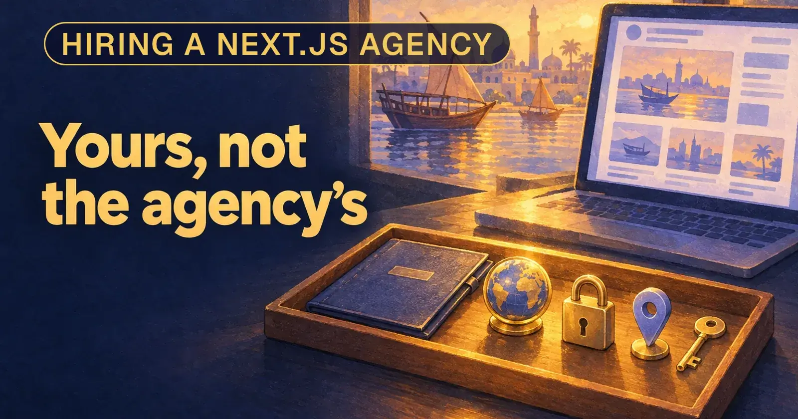 A tray holding a folder, globe, padlock, map pin and key in front of a laptop showing a wordless website