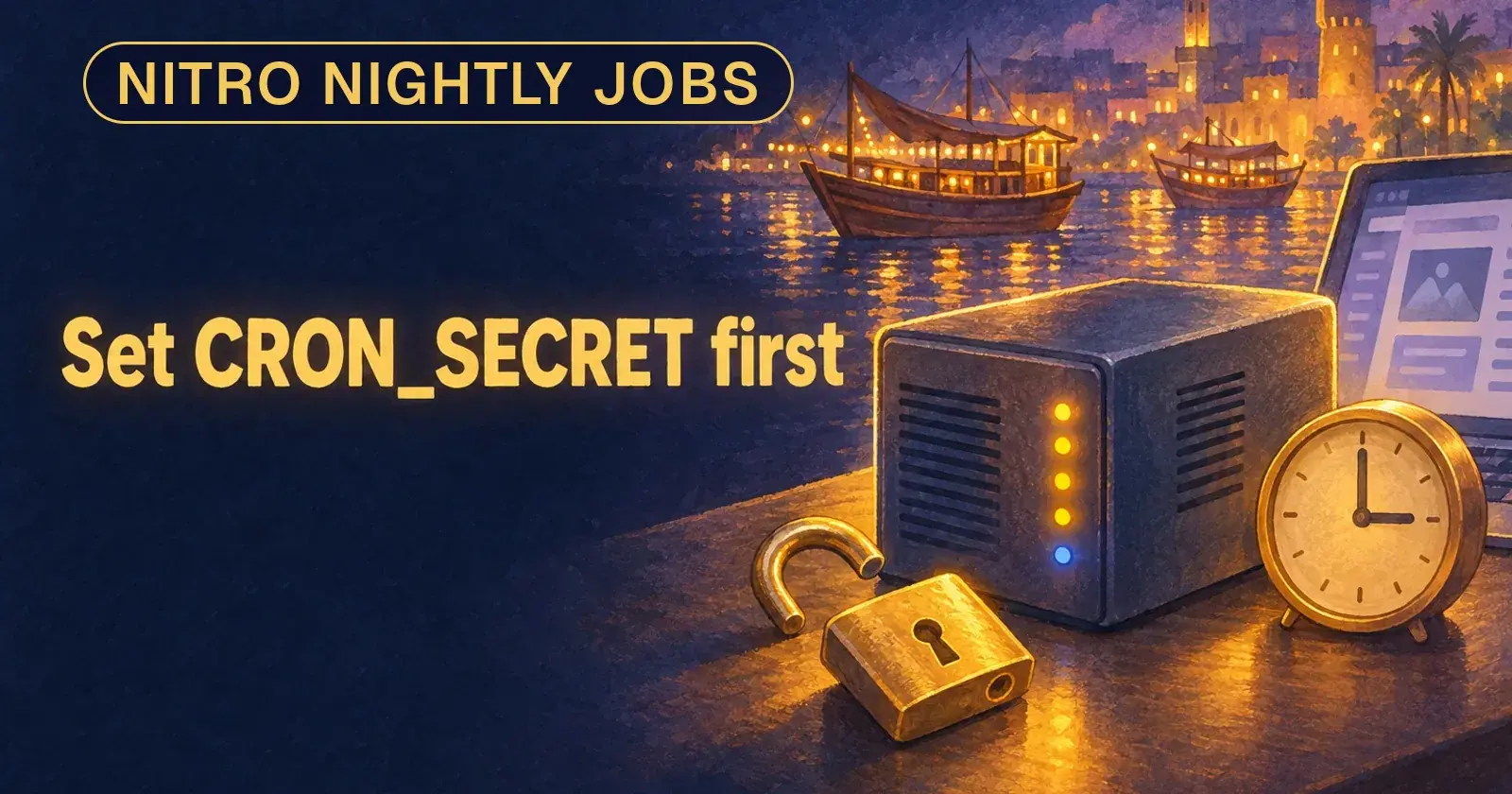 A small server box on a night desk with a clock at three and an unlocked padlock beside it, lit in gold