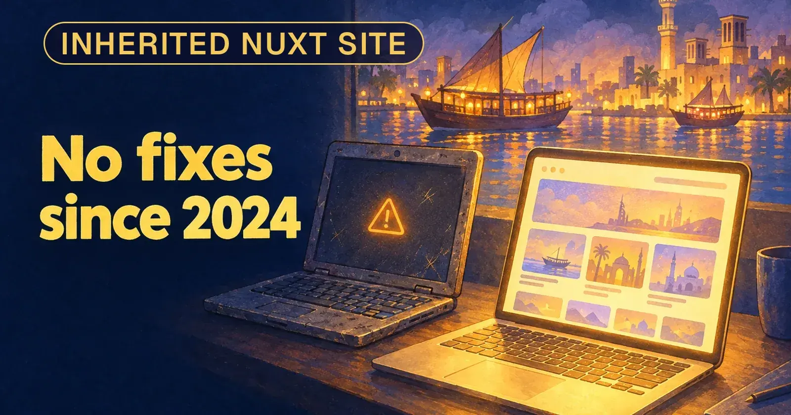 An old scuffed laptop with an amber warning beside a new laptop showing a gold-lit website, on one desk
