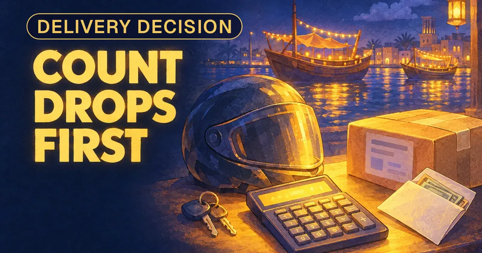 A shop counter with a rider's helmet, a courier parcel, a cash envelope and a calculator under the words count drops first