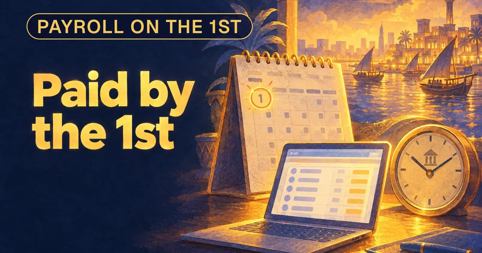 A wall calendar with the 1st circled, a laptop showing a salary file and a bank clock beside it