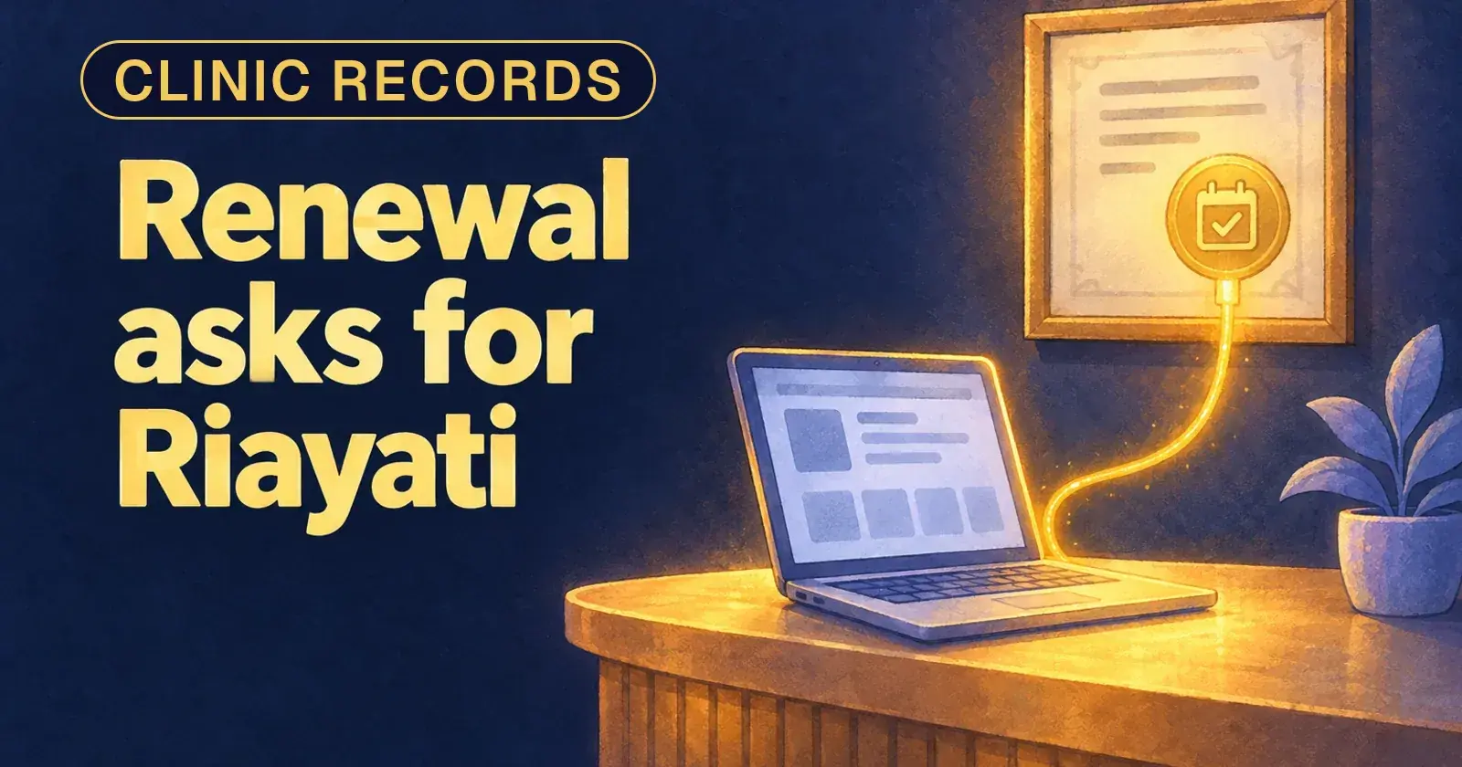 A framed clinic licence with a gold calendar seal wired by a gold cable to a laptop, and the words Renewal asks for Riayati