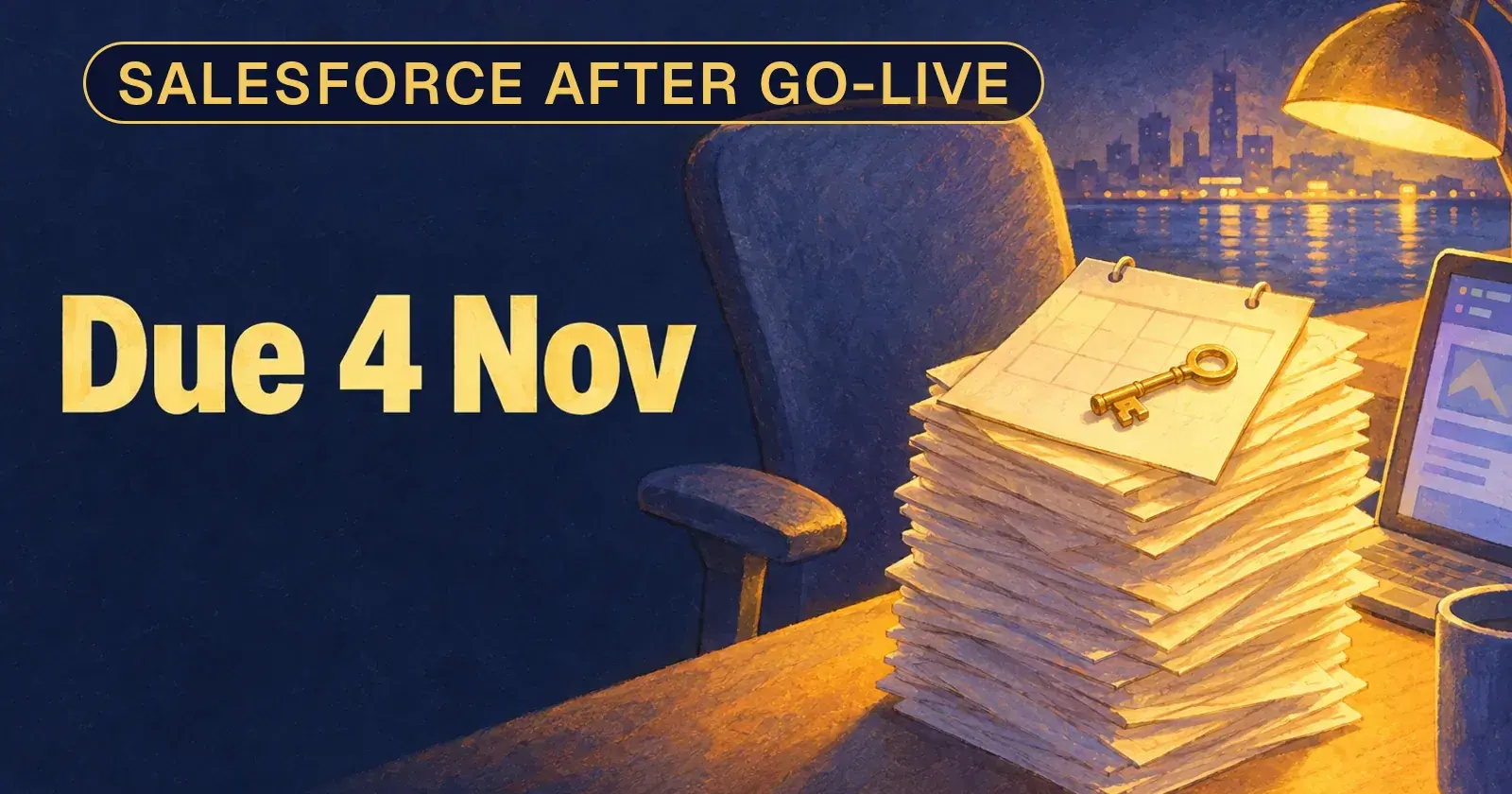 An empty office chair beside a leaning stack of request slips, a calendar page and a brass key: due 4 Nov