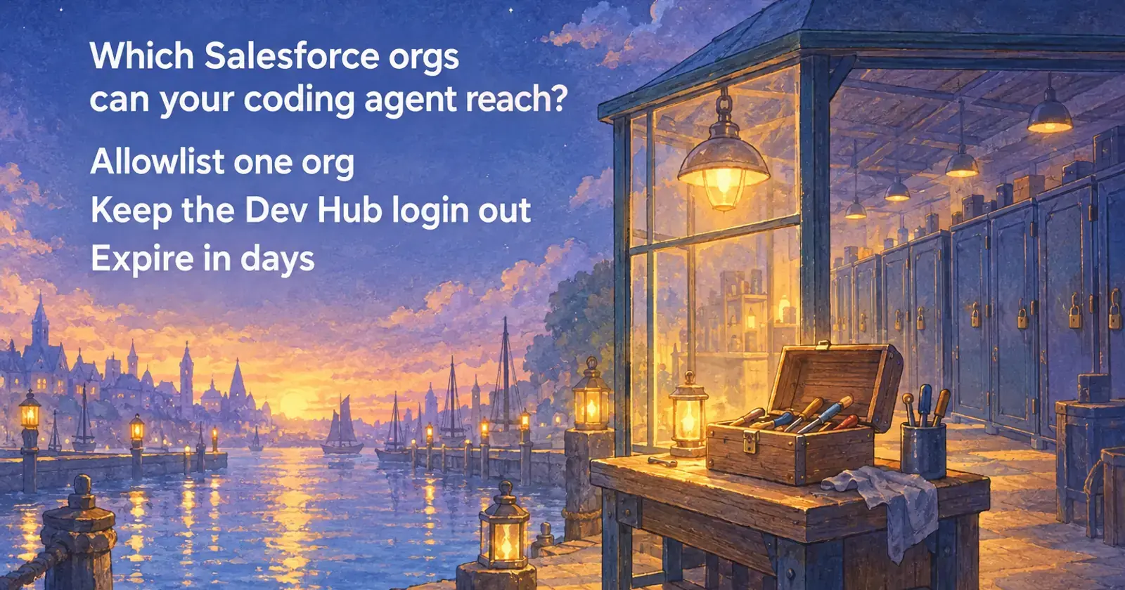 A lamplit booth with one tool chest, locked cabinets behind, under: which Salesforce orgs can your coding agent reach
