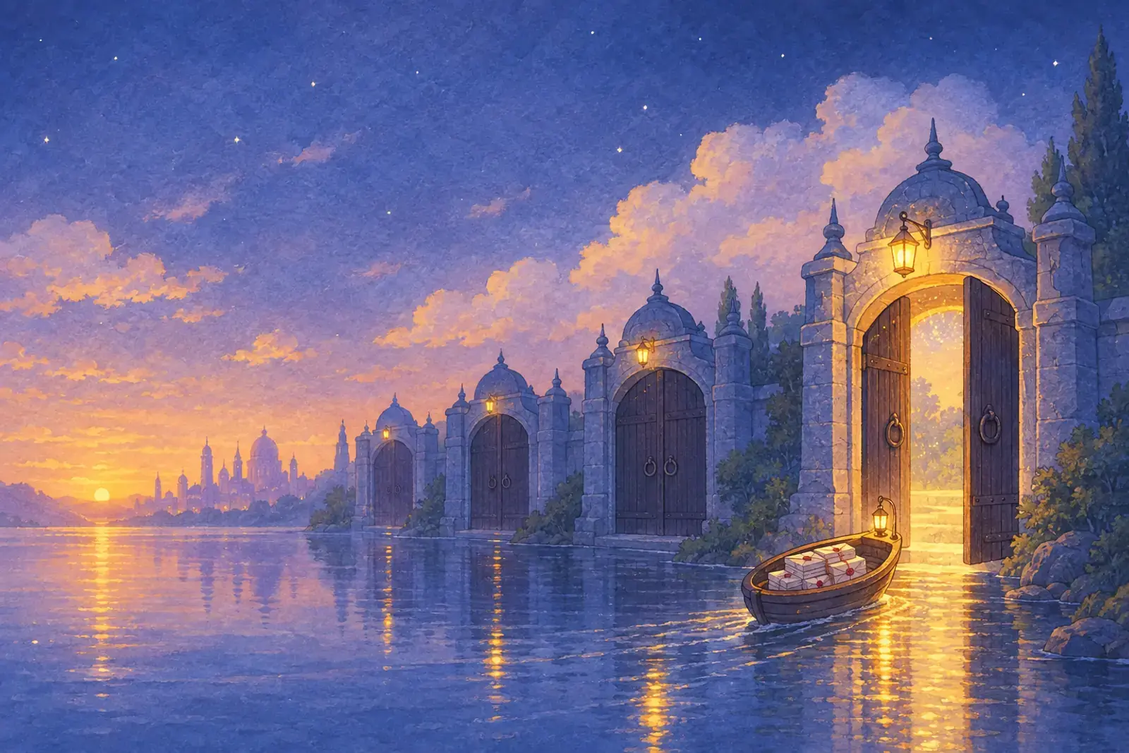 A dusk waterway lined with stone gates, one lit and open as a boat of sealed letters passes through
