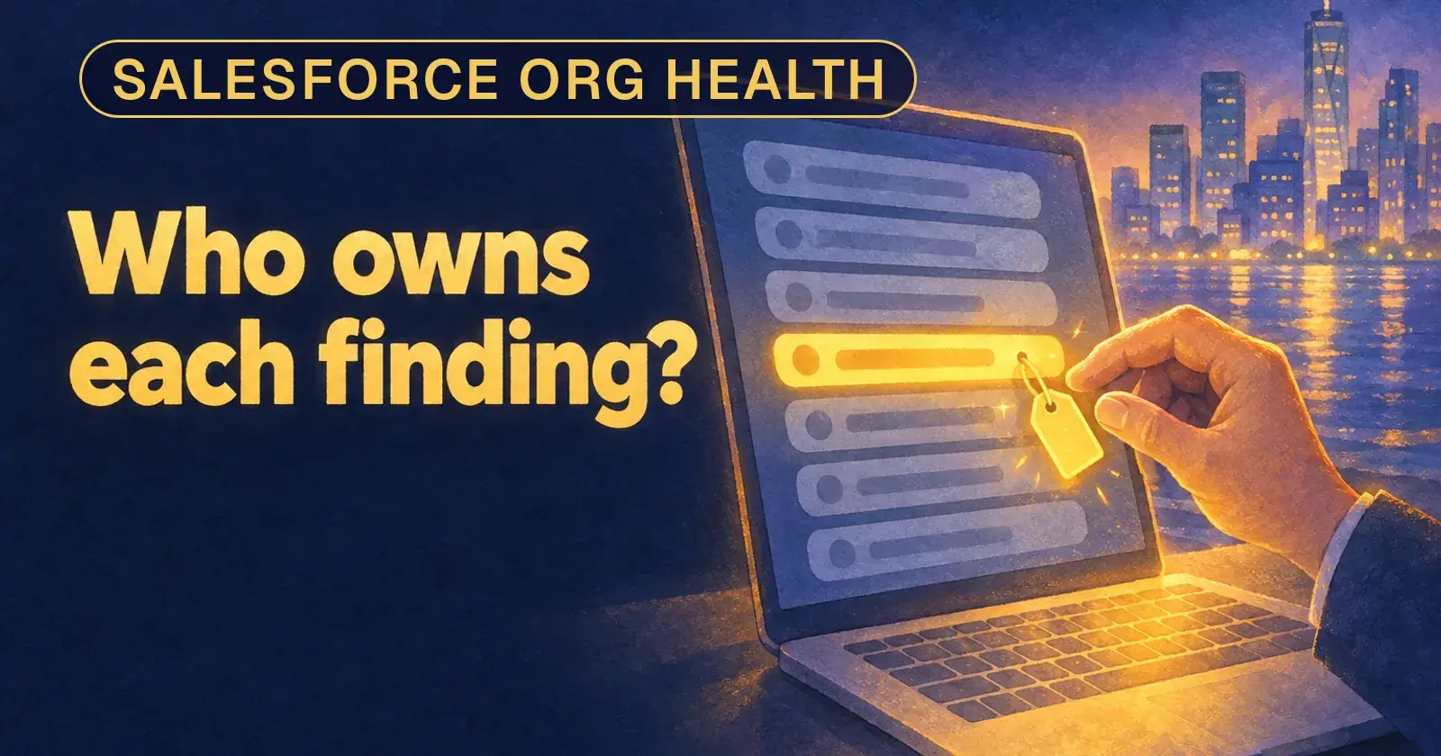 A laptop list of grey bars with one lit gold bar and a gold tag, asking who owns each finding