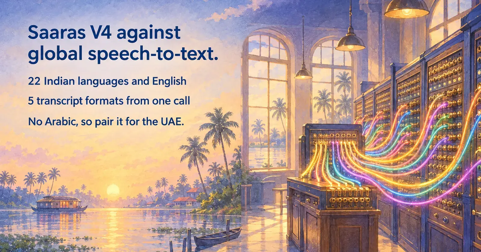 Telephone exchange with coloured cables into one board: Saaras V4 against global speech-to-text, no Arabic