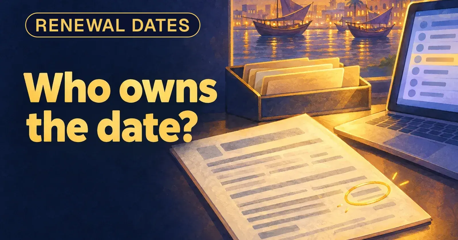 A trade licence with a gold expiry date circled, beside a folder tray and a laptop on a navy desk