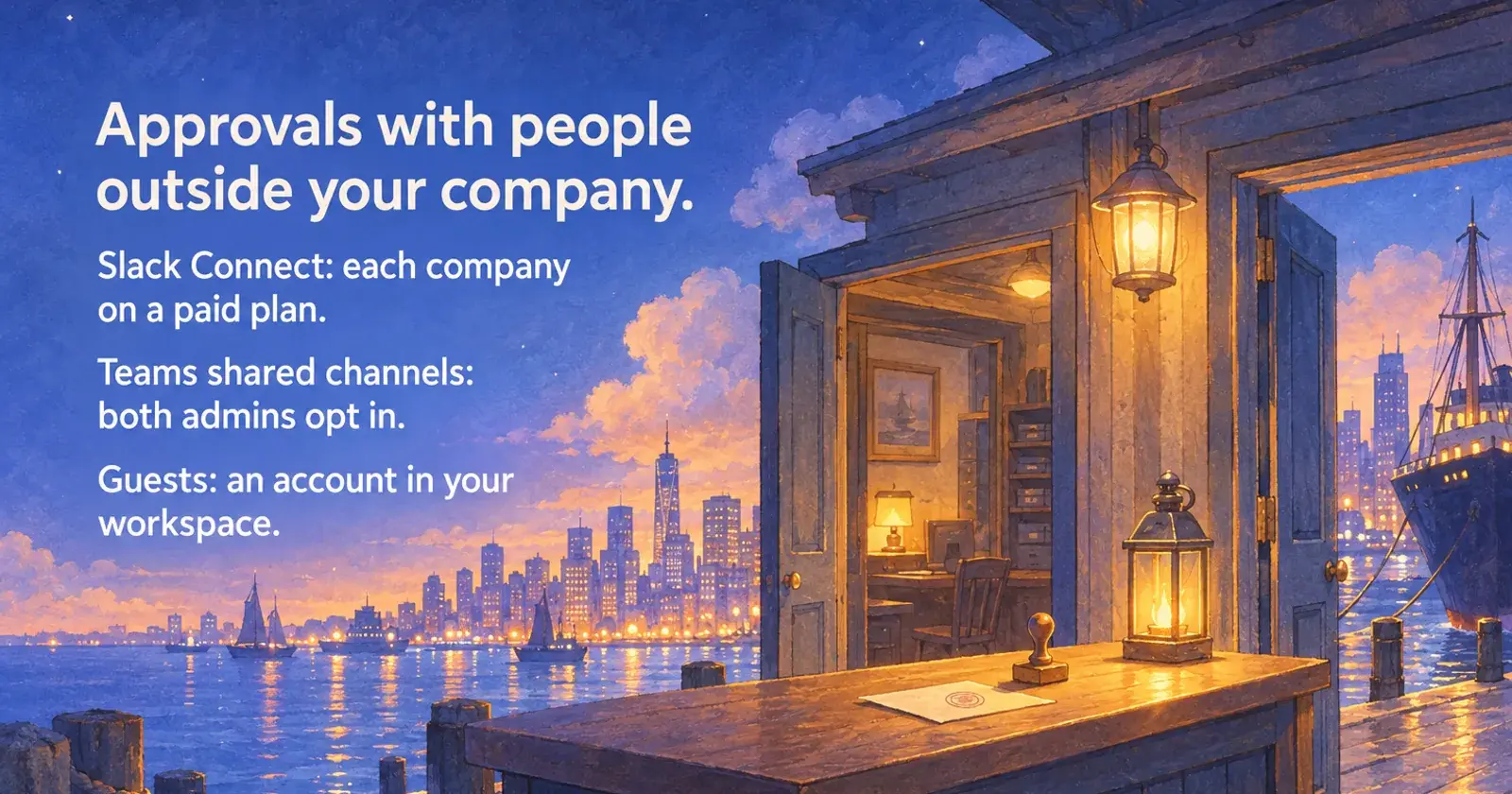 A lamplit harbour office counter between an inner door and the quay: approvals with people outside your company