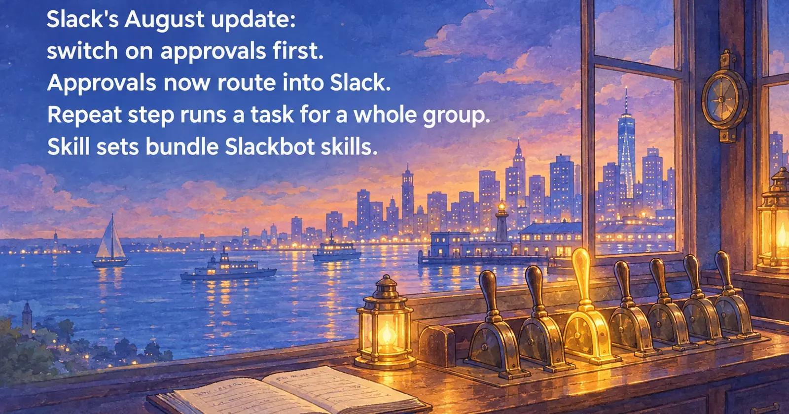 Brass levers on a harbour master's desk, one lit gold, above a lamplit harbour: switch on approvals first